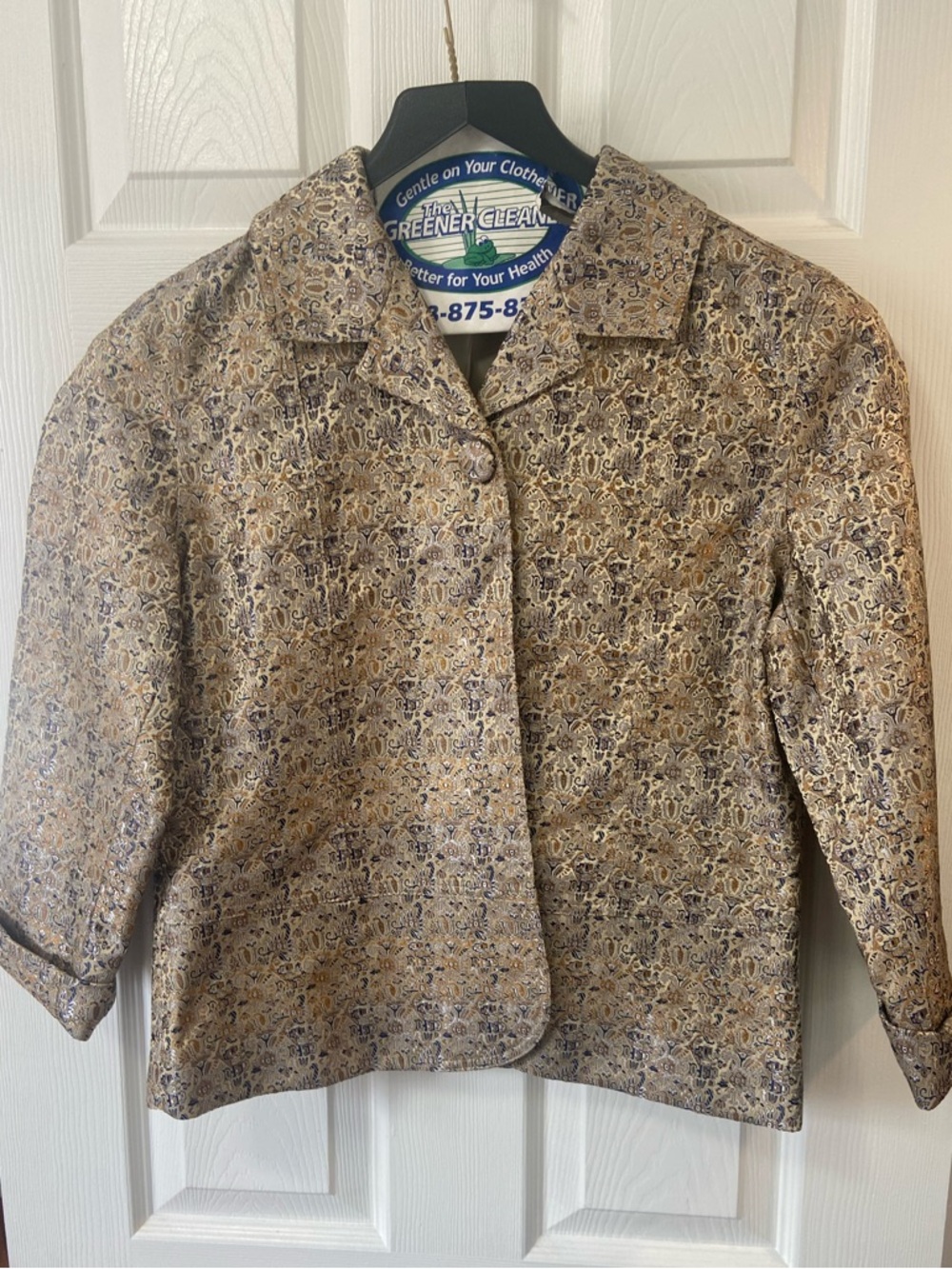 Chico’s Neutral Gold-Metallic Jacquard Tandie Jacket (Size 1)